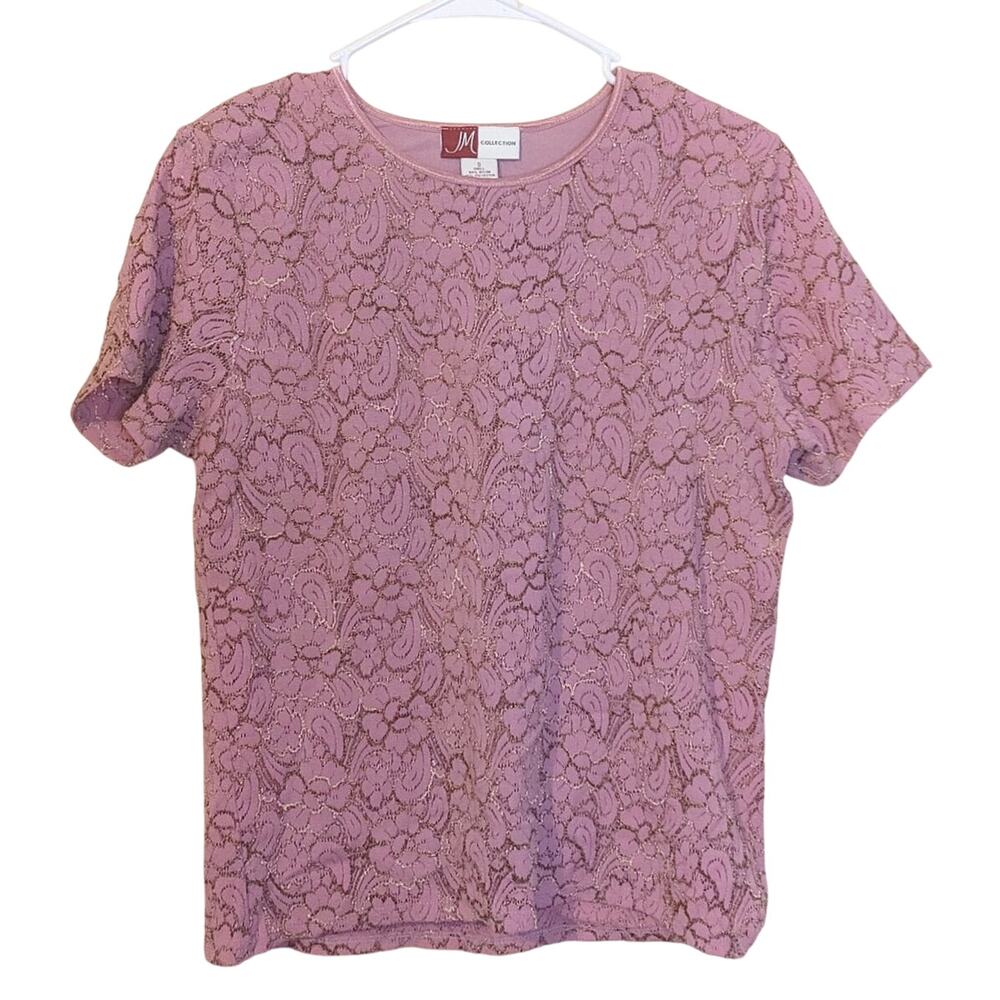 JM Collection Size Small Nylon Pink Floral Flower Textured Short Sleeve Blouse